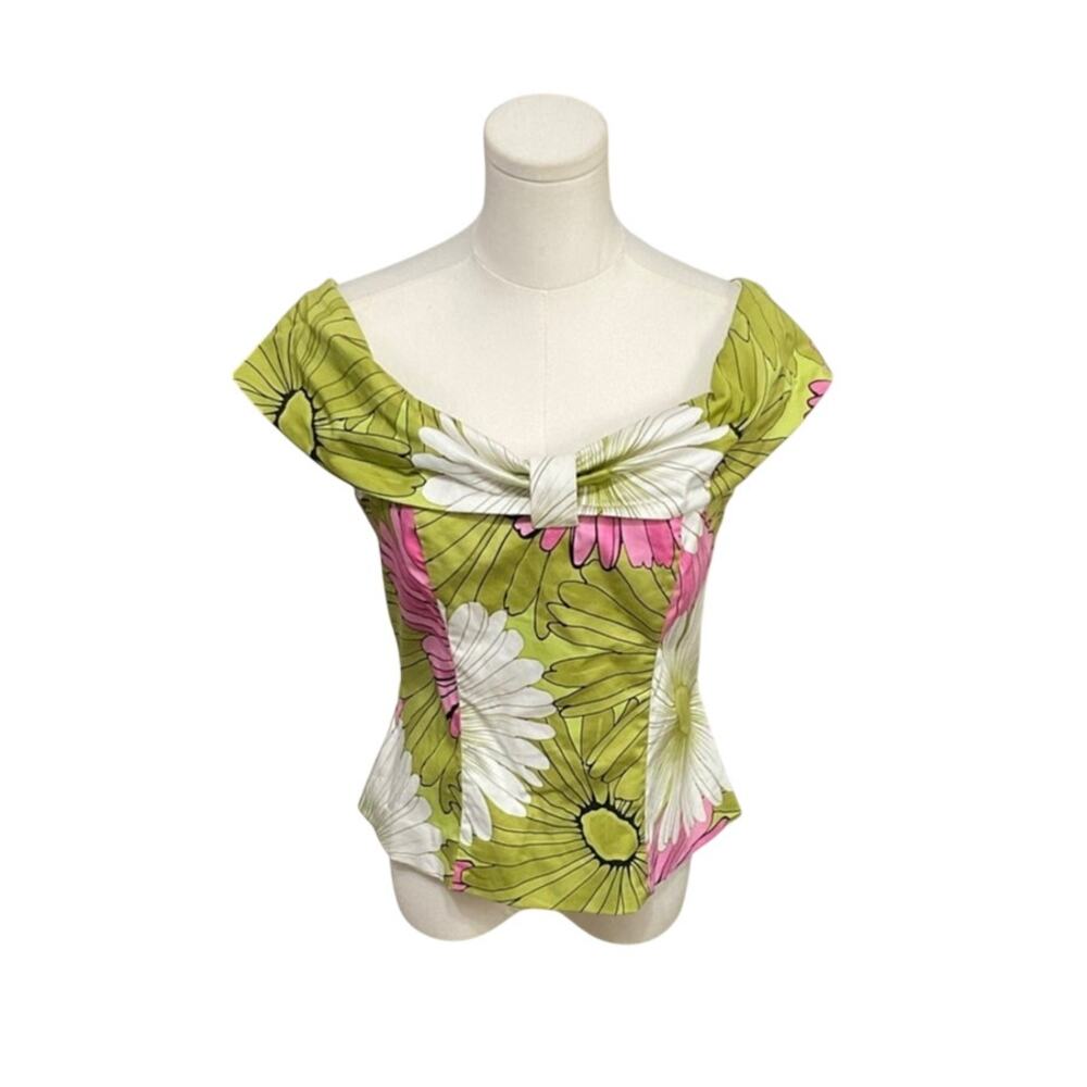 VTG 90s Joseph Ribkoff Off-the-Shoulder Green/Pink Floral Top Sz 8 Medium Retro